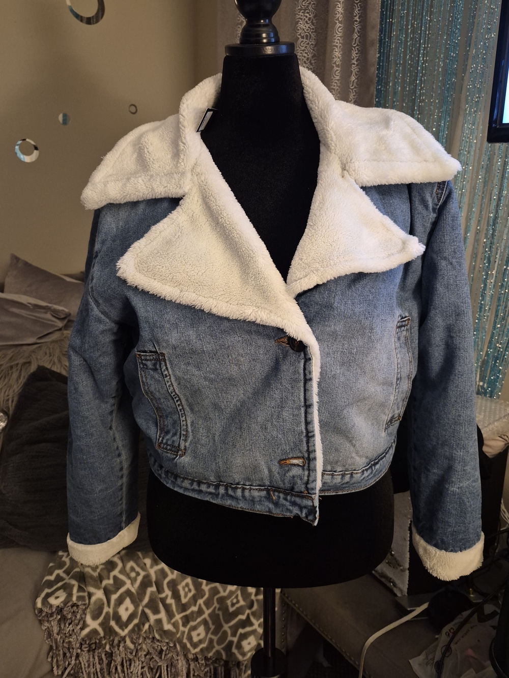 Fashion Nova Light Blue Denim Jean Jacket with Cream Faux-Shearling